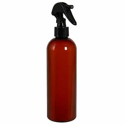 16 oz. Amber PET Cosmo Round Bottle with 24/410 Smooth Black Trigger Sprayer & 0.21mL Output