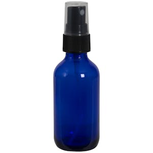 2 oz. Cobalt Blue Glass Boston Round Bottle with 20/400 Black Ribbed Finger Sprayer