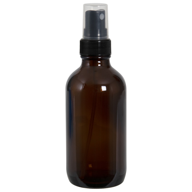 8 oz Amber Glass Round Bottles w/ Black Fine Mist Sprayers