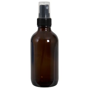 4 oz. Amber Glass Boston Round Bottle with 22/400 Black Ribbed Finger Sprayer