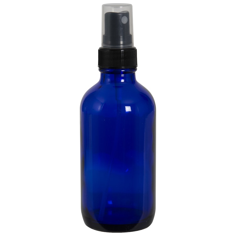 4 oz. Cobalt Blue Glass Boston Round Bottle with 22/400 Black Ribbed Finger Sprayer