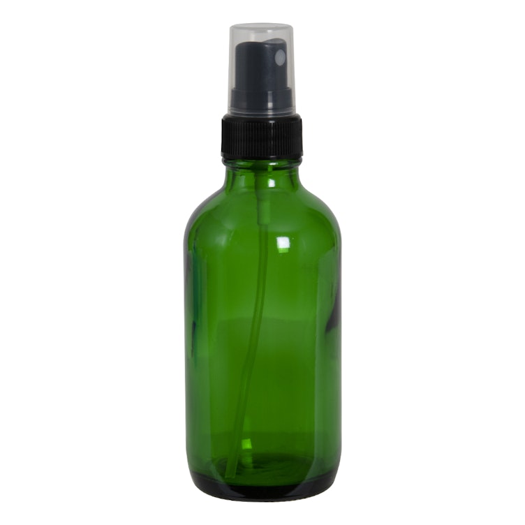 4 oz. Green Glass Boston Round Bottle with 22/400 Black Ribbed Finger Sprayer