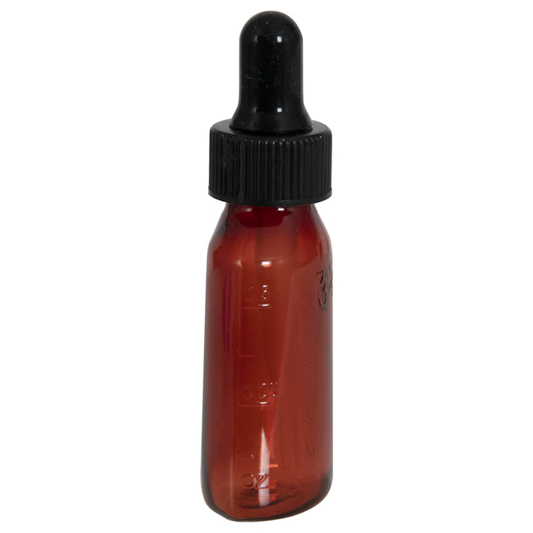 1/2 oz. Amber Plastic Graduated Oval Bottle with Ribbed Black Dropper Cap with Black Rubber Bulb & Straight Tip Plastic Pipette