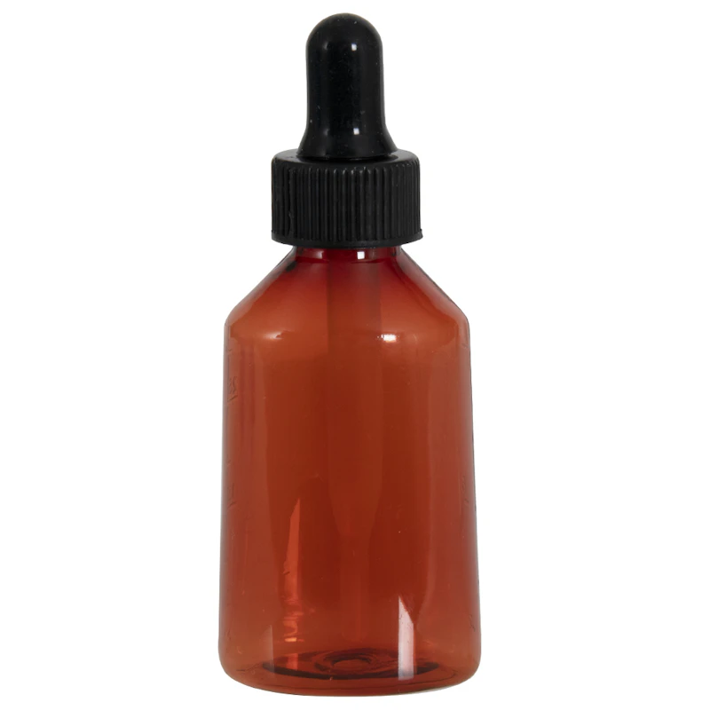 1 oz. Amber Plastic Graduated Oval Bottle with Ribbed Black Dropper Cap with Black Rubber Bulb & Straight Tip Plastic Pipette