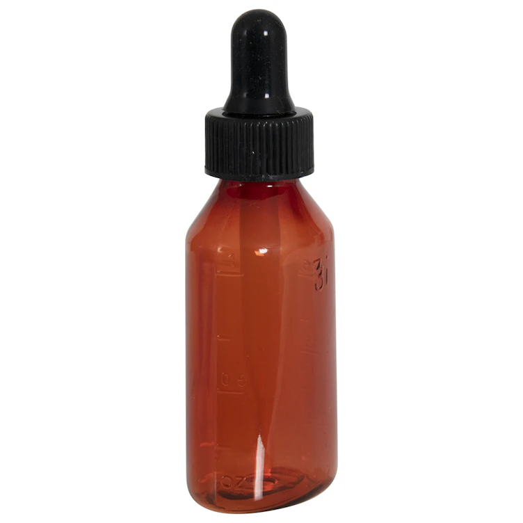 1 oz. Amber Plastic Graduated Oval Bottle with Ribbed Black Dropper Cap with Black Rubber Bulb & Straight Tip Plastic Pipette