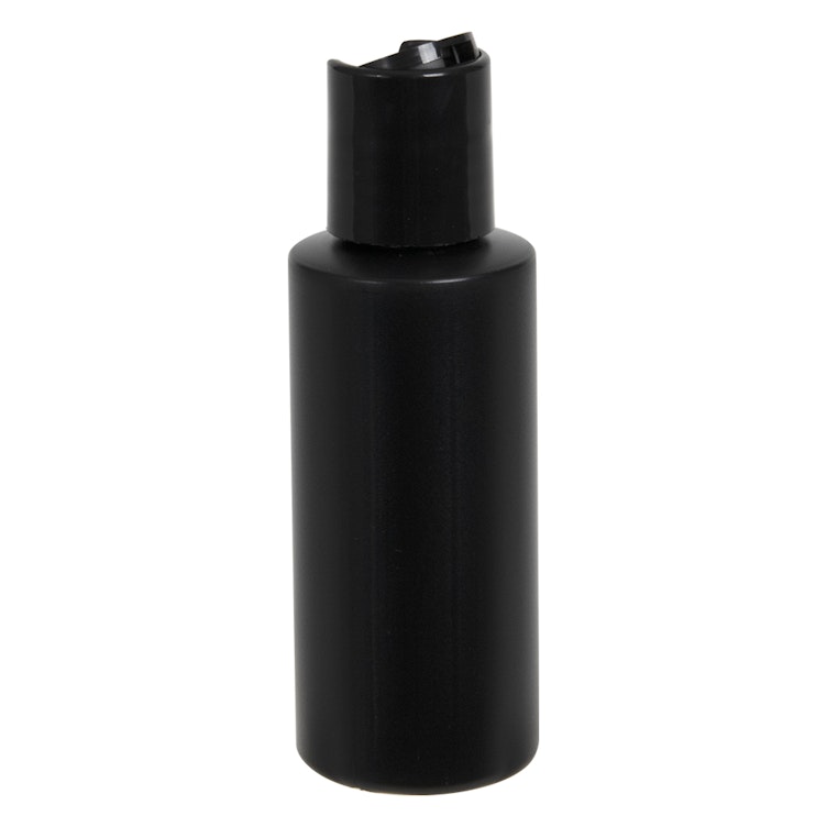 2 oz. Black HDPE Cylindrical Sample Bottle with 20/410 Black Disc-Top Dispensing Cap