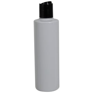 8 oz. White PVC Cylindrical Bottle with 24/410 Black Disc-Top Dispensing Cap
