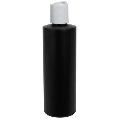 8 oz. Black HDPE Cylindrical Sample Bottle with 24/410 White Disc-Top Dispensing Cap