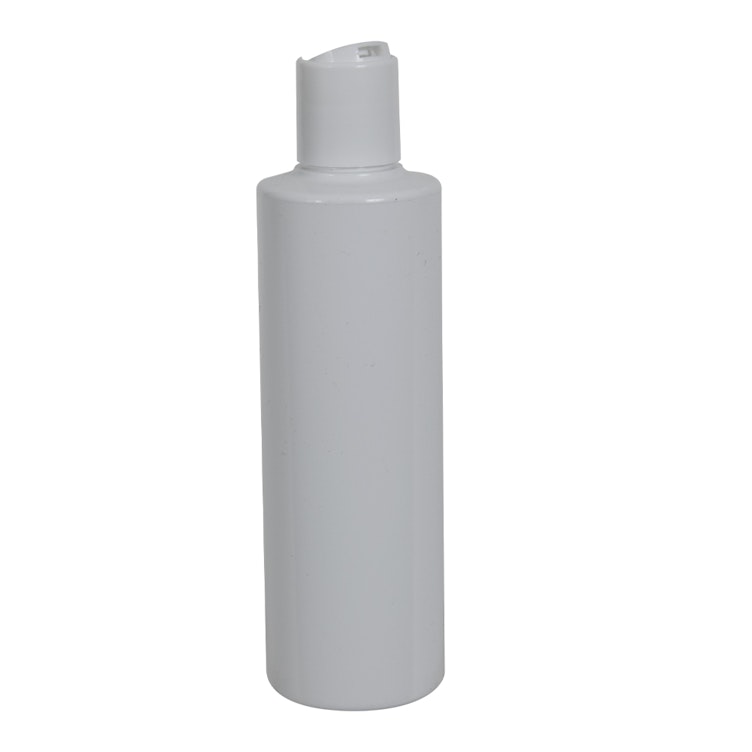 8 oz. White PVC Cylindrical Bottle with 24/410 White Disc-Top Dispensing Cap