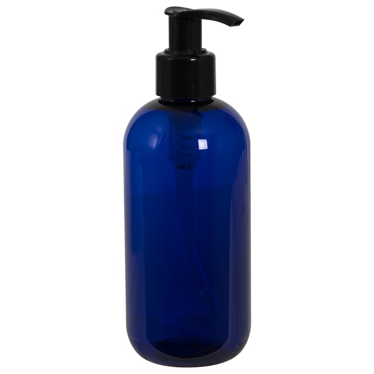 16 oz. Cobalt Blue PET Traditional Boston Round Bottle with 28/410 Black Smooth Lock-Up Lotion Pump