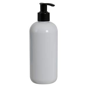 12 oz. White PET Traditional Boston Round Bottle with 24/410 Black Smooth Lock-Up Lotion Pump