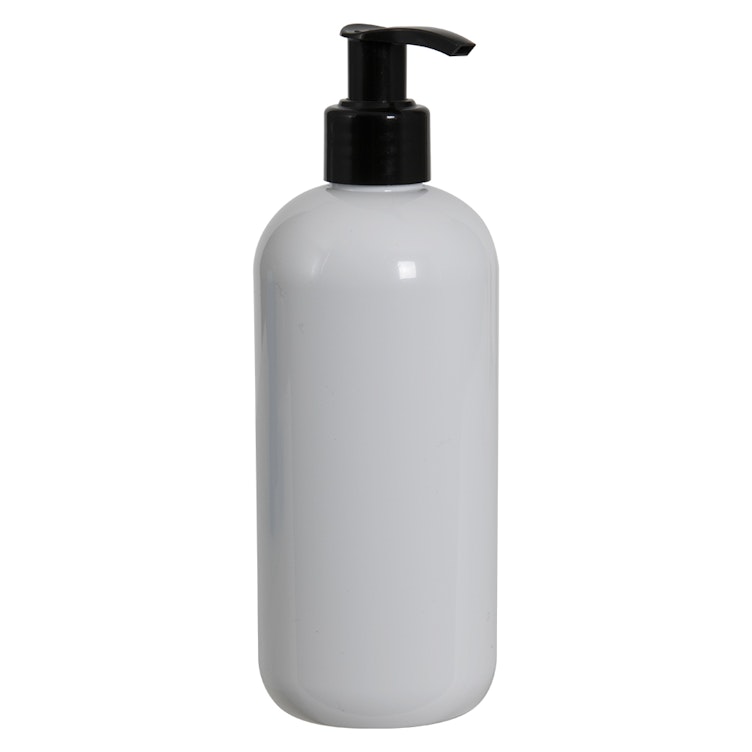 16 oz. White PET Traditional Boston Round Bottle with 28/410 Black Smooth Lock-Up Lotion Pump