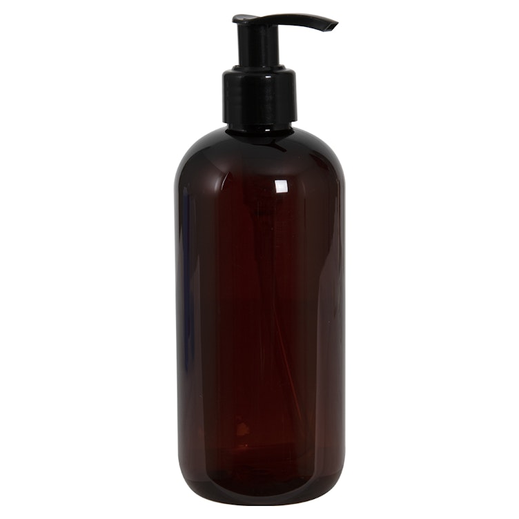16 oz. Light Amber PET Traditional Boston Round Bottle with 28/410 Black Smooth Lock-Up Lotion Pump