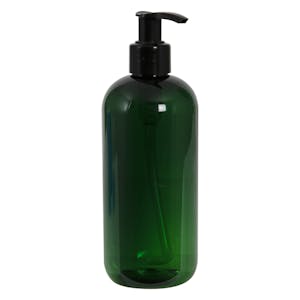 16 oz. Dark Green PET Traditional Boston Round Bottle with 28/410 Black Smooth Lock-Up Lotion Pump