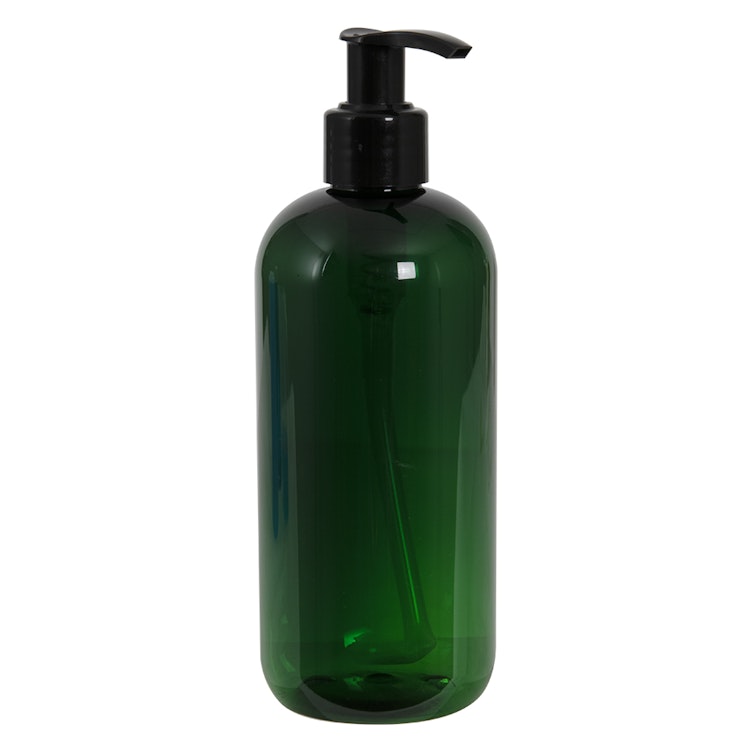 12 oz. Dark Green PET Traditional Boston Round Bottle with 24/410 Black Smooth Lock-Up Lotion Pump