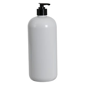 32 oz. White PET Traditional Boston Round Bottle with 28/410 Black Smooth Lock-Down Lotion Pump