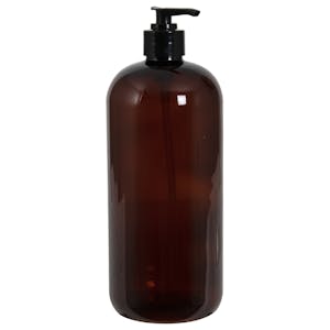 32 oz. Light Amber PET Traditional Boston Round Bottle with 28/410 Black Smooth Lock-Down Lotion Pump