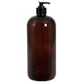 32 oz. Light Amber PET Traditional Boston Round Bottle with 28/410 Black Smooth Lock-Down Lotion Pump