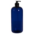 32 oz. Cobalt Blue PET Traditional Boston Round Bottle with 28/410 Black Smooth Lock-Down Lotion Pump