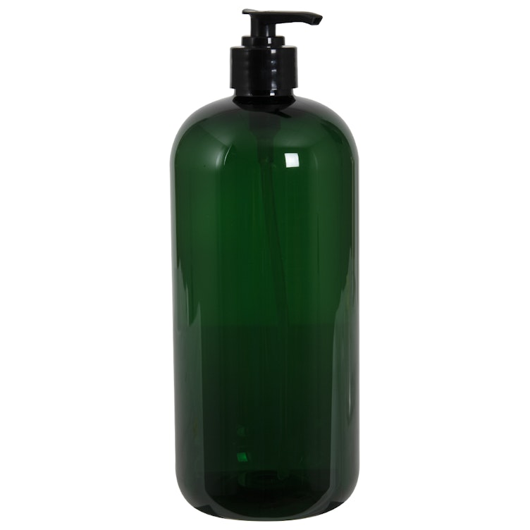 32 oz. Dark Green PET Traditional Boston Round Bottle with 28/410 Black Smooth Lock-Down Lotion Pump