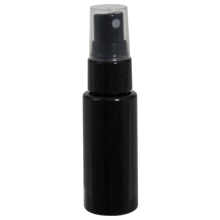 1 oz. Black PET Cylindrical Bottle with 20/410 Black Smooth Finger Sprayer
