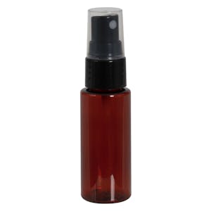1 oz. Amber PET Cylindrical Bottle with 20/410 Black Smooth Finger Sprayer