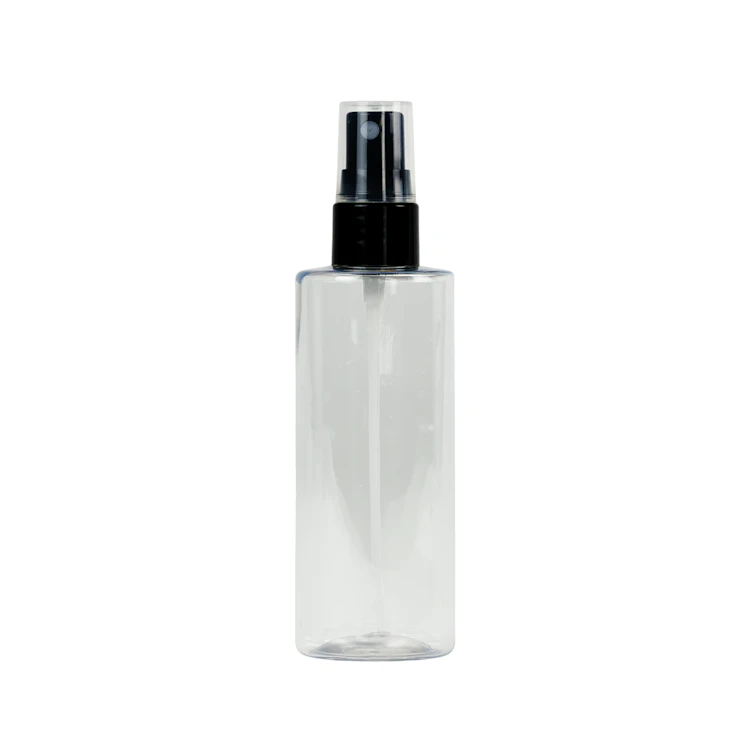 4 oz. Clear PET Cylindrical Bottle with 20/410 Black Smooth Finger Sprayer