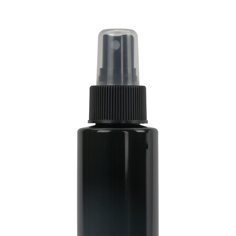 4 oz. Black PET Cylindrical Bottle with 24/410 Black Ribbed Finger Sprayer