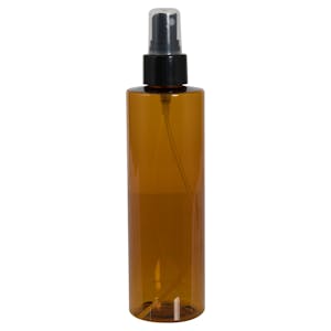 8 oz. Amber PET Cylindrical Bottle with 24/410 Black Smooth Finger Sprayer