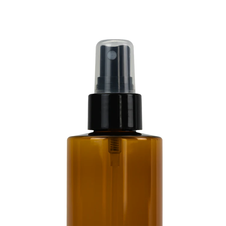 8 oz. Amber PET Cylindrical Bottle with 24/410 Black Smooth Finger Sprayer