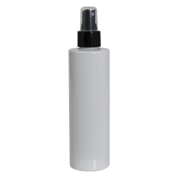 12 oz. White PET Cylindrical Bottle with 24/410 Black Smooth Finger Sprayer