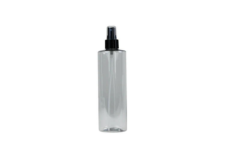 12 oz. Clear PET Cylindrical Bottle with 24/410 Black Smooth Finger Sprayer