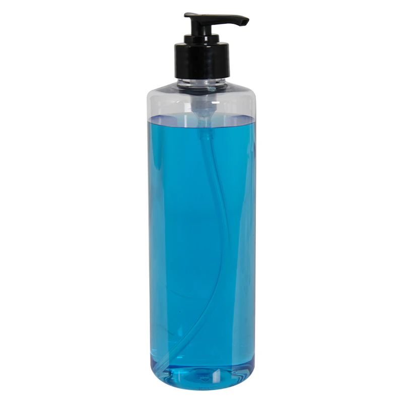 16 oz. Clear PET Cylindrical Bottle with 28/410 Black Smooth Lock-Down Lotion Pump