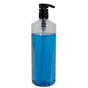 32 oz. Clear PET Cylindrical Bottle with 28/410 Black Smooth Lock-Down Showerproof Pump