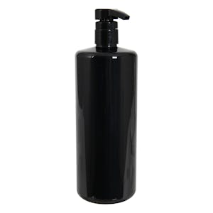 32 oz. Black PET Cylindrical Bottle with 28/410 Black Smooth Lock-Down Showerproof Pump