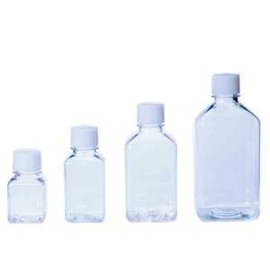 4 oz./125mL Clear PETG Square Single-Use Bottles with 38/430 White Solid Caps, Sterile - Case of 96