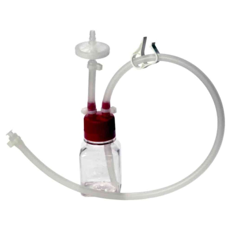 32 oz./1000mL Clear PETG Square Single-Use Bottle with 38/430 Red Cap with 2 Ports & Silicone Tubing, Sterile
