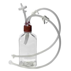 4 oz./125mL Clear PETG Square Single-Use Bottle with 38/430 Red Cap with 3 Ports & Silicone Tubing, Sterile