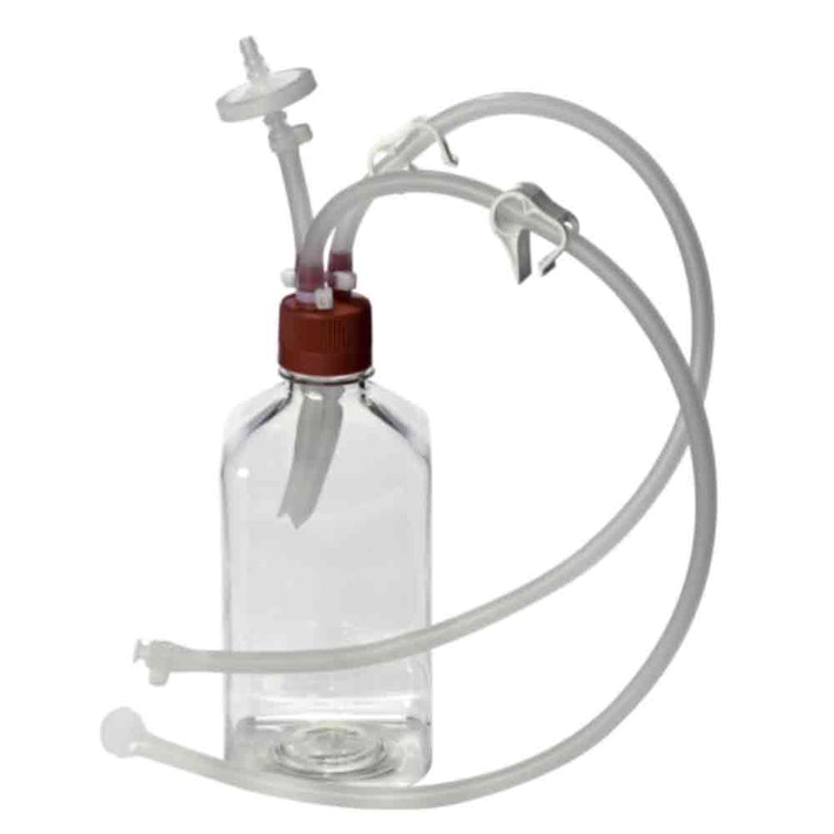 16 oz./500mL Clear PETG Square Single-Use Bottle with 38/430 Red Cap with 3 Ports & Silicone Tubing, Sterile