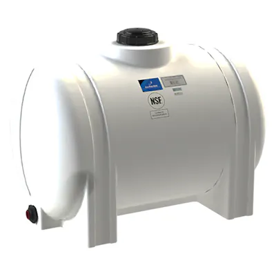 65 Gallon Natural MDPE Round Free-Standing Horizontal Leg Tank with Sump, 3/4" Fitting & 5" Lid - 24" Dia. x 39" L
