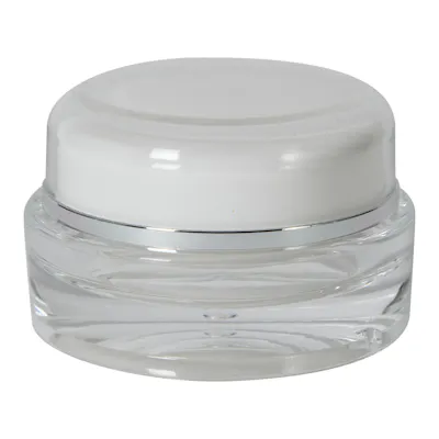 15mL Clear Acrylic/White Polypropylene Silver Trimmed Round Jar with Cap & PE Disc Liner