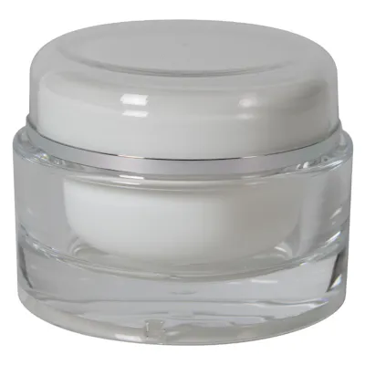 50mL Clear Acrylic/White Polypropylene Silver Trimmed Round Jar with Cap & PE Disc Liner