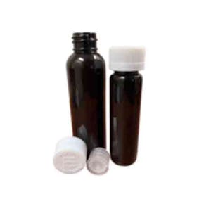 1 oz. Dark Amber PET Round Liquid Bullet Bottle with 20/410 White CR Cap & Syringe Adapter
