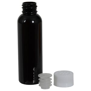 2 oz. Dark Amber PET Round Liquid Bullet Bottle with 20/410 White CR Cap & Syringe Adapter
