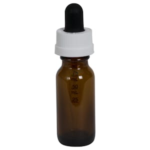 1/2 oz. Amber Glass Boston Round Bottle with 18/400 Black & White Graduated CRC Dropper Cap with Glass Pipette