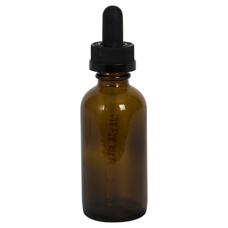 2 oz. Amber Glass Boston Round Bottle with 20/400 Black Graduated CRC Dropper Cap with Glass Pipette