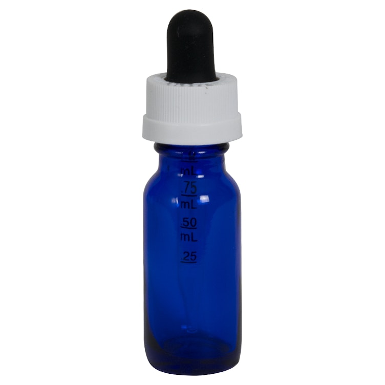 1/2 oz. Cobalt Blue Glass Boston Round Bottle with 18/400 Black & White Graduated CRC Dropper Cap with Glass Pipette