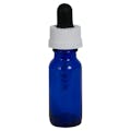 1/2 oz. Cobalt Blue Glass Boston Round Bottle with 18/400 Black & White Graduated CRC Dropper Cap with Glass Pipette