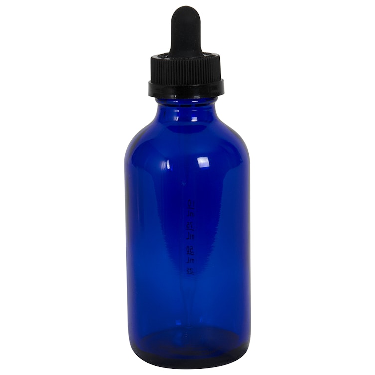 4 oz. Cobalt Blue Glass Boston Round Bottle with 22/400 Black Graduated CRC Dropper Cap with Glass Pipette