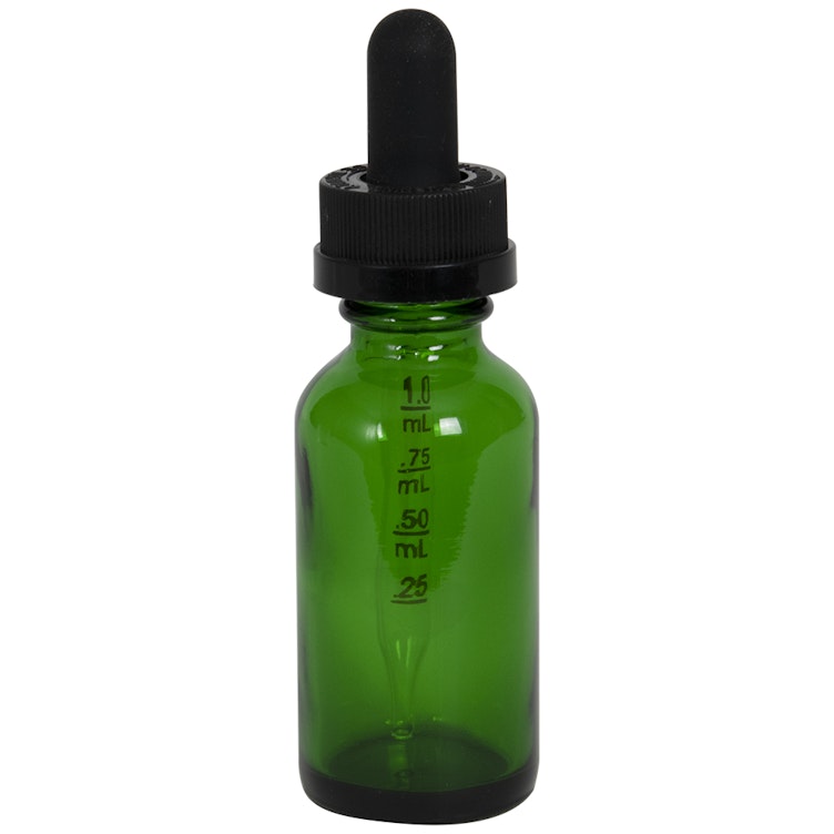 1 oz. Green Glass Boston Round Bottle with 20/400 Black Graduated CRC Dropper Cap with Glass Pipette